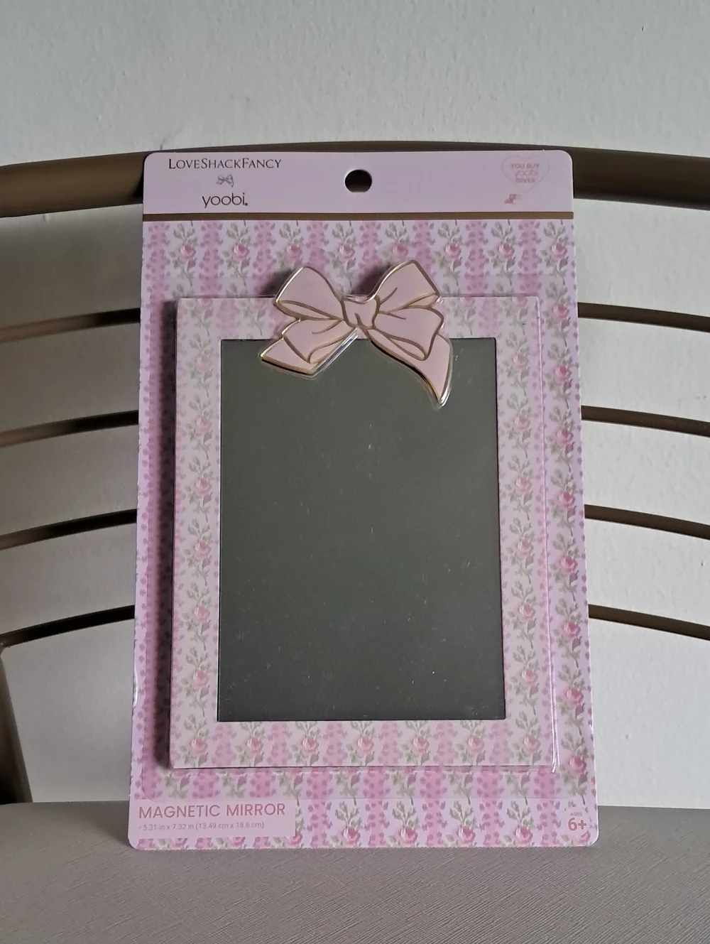 LoveShackFancy Pink Floral Magnetic Mirror with Gold-Trim Bow